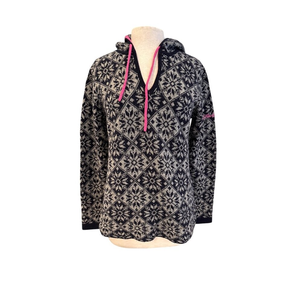Fire & Ice Womens Hooded Pullover Sweater Black & Gray Snowflake Pattern Size L